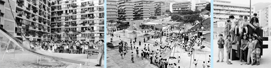 相片：1966年田灣邨(左)和1978年觀塘邨(中)遊樂場開幕的情景。柴灣邨的房屋委員會標誌被邨內兒童當作攀爬架(右)。