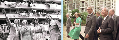 左圖：前英國首相戴卓爾夫人(左二)在當時的房屋署署長廖本懷(左一)陪同下參觀徙置大廈。右圖：前英國首相馬卓安(中)在當時的房屋署署長馮通(右二)陪同下參觀恆安邨。