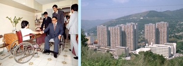 左圖：中國殘疾人福利基金會代表團，在鄧樸方率領下探訪石圍角邨居民。右圖：1985年的石圍角邨外貌。