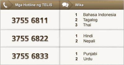 Mga Hotline ng TELIS: 3755 6822; Wika: 1 Hindi, 2 Nepali. Mga Hotline