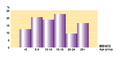 Chart: HA rental flats by age group (%) (As at end March 1999)