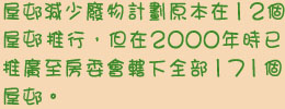 屋h減少廢物計劃原本在12個屋h推行,但在2000年時已推廣至房委會轄下全部171個屋h。