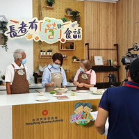 Photo: Noted broadcaster Candy Chea (centre) and two seniors in one of the "Healthy Recipes for Elderly" videos.