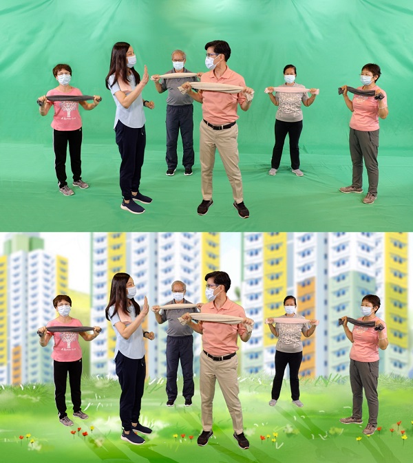 Photo: Interesting computer graphics are used to produce the video promoting the ‘Healthy Ageing in PRH Estate x Stay Active at Home’ series and the message of ‘you can work out at home’. Deputy Director of Housing (Estate Management) Mr Ricky Yeung (front right) and Assistant Director of Department of Health (Elderly Health Service) Dr Anne Fung (front left) also take part in the shooting of the video