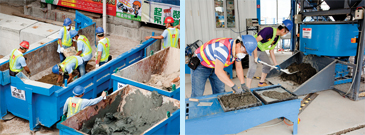 相片：海泥混合英泥後，可用來回填商場樁帽及停車場分隔牆(左)。把經過品質鑑定的海泥混合物倒進模具內，經平整表面，便製成海泥磚(右)。