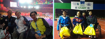 相片：李國賢(中)攝於廣州舉行的2010年第一屆亞洲殘疾人運動會開幕式(左圖)。他(左二)與太太(右一)在今屆本港馬拉松比賽前留影(右圖)。 