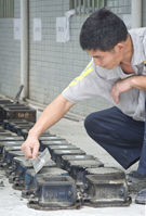 Photo: Concrete cubes being produced (left); production information labels on the concrete cubes (middle); cubes being placed in a curing pool (right).