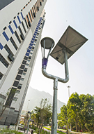 相片：龍逸邨的環保綠化措施：太陽能發電的公共照明燈(左)、綠化的有蓋停車場(右)。