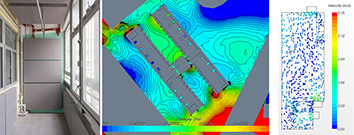 相片：減音露台（左）和就自然通風研究進行的計算流體力學評估（右）。