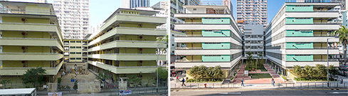 相片：活化前的舊柴灣工廠邨大廈（左）和華廈邨（右）。