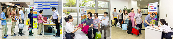 Photo: HA Staff actively support the Environmental Collection and Recycling Campaign held at (from left) the HA Headquarters, Lung Cheung Office Block and HA Customer Service Centre.