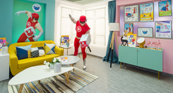 相片：「珍惜公屋大行動開展禮」的現場展示「房護俠」（中）的家，以及他歷年宣傳打擊濫用公屋的宣傳海報和造型。