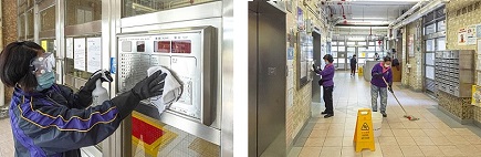 相片：加強清潔和消毒大樓入口閘門按鈕板（左）和地下大堂。