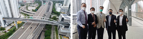 相片：（左图）连接海盈邨和海达邨的长跨度行人天桥。（右图）房屋署总结构工程师（发展及建筑）王伟洪（中）与获奖团队在长跨度行人天桥上合照。