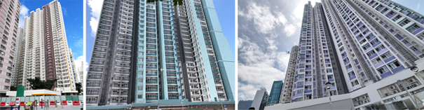 Photo: Drones are applied in inspecting the external walls of the buildings in: (from left) Yue Chun House of Yue Wan Estate, Kam Fai Court and Dip Tsui Court.