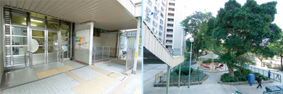 Left photo: The construction of barrier-free access facilities at the main entrance of the residential blocks provides greater safety and convenience for residents. Right photo: Ping Shek Estate enjoys a fresh new look after revitalisation.