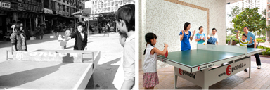 左圖：70、80年代秀茂坪邨的乒乓球桌。 右圖：新近落成的秀茂坪南邨，乒乓球桌設於有蓋平台，不受天氣限制，長幼咸宜。 