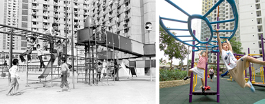 左圖：早年設於屯門大興邨的攀爬架。 右圖：現設於牛頭角上邨的攀爬架。