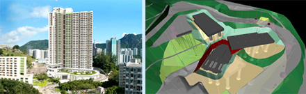 左圖：東頭平房區東項目的設計，善用了BIM。
右圖：三維顯示的模擬地基設計。