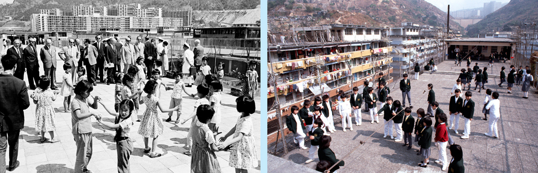左圖：1963年李鄭屋邨的天台學校，曾是外賓的參觀地點。右圖：現已拆卸的佐敦谷邨，當年也建有天台學校。