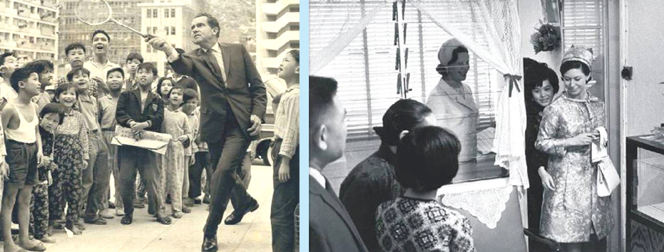 Left Photo: Richard Nixon, the former President of the United States, plays badminton with tenants on his visit to Choi Hung Estate. Right Photo: Princess Margaret (right) visits tenants at the same estate.