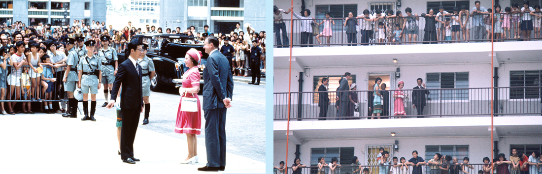 左圖：1975年英女皇伊利沙伯二世首次訪港，在前港督麥理浩爵士(右一)陪同下，前赴愛民邨訪問。右圖：英女皇探訪愛民邨住戶，吸引大批居民圍觀。 