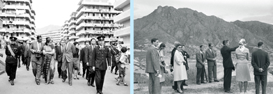 左圖：1962年錫蘭(現稱斯里蘭卡)首相訪港，攝於重建前的黃大仙邨。右圖：丹麥王子於1963年訪港時，參觀九龍一帶的徒置區。