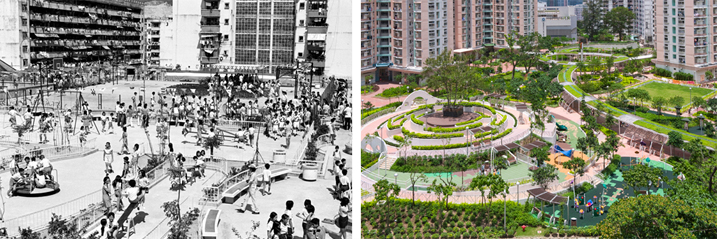 Left photo: PRH tenants enjoying themselves in the playground of Wang Tau Hom Estate some 20 or 30 years ago. 
Right photo: Opened in 2010, Sau Mau Ping South Estate is well equipped with recreational facilities and boasts a high green ratio.