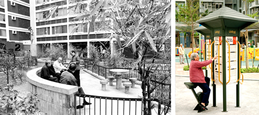 Left photo: Elderly tenants in the sitting out area of the original Tsz Wan Shan Estate.
Right photo: Fitness equipment designed for the elderly can be found in most estates today.