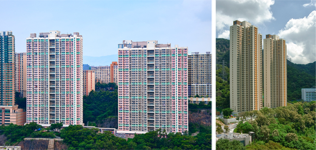 Photo: The newly completed Kwai Luen Estate (left) and Shatin Pass Estate.