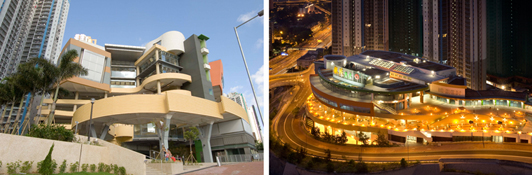 Left: The architectural design of Choi Tak Shopping Centre blends well with the natural environment. 
Right: Choi Tak Shopping Centre at twilight.