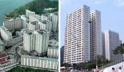 左圖：華富邨屬70年代港島南面大型綜合發展項目，當中華富(二)邨的大廈採用雙塔型設計。右圖：建於1978年的彩雲(二)邨，大廈呈雙工字型。