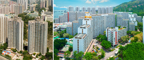 左圖：建於1989年的翠屏(南)邨採用Y型建築。右圖：外貌呈梯級型的蝴蝶邨，設計甚具特色。