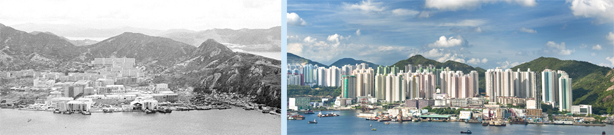 相片：公屋發展令油塘一帶煥然一新。相片分別攝於1980年(左)及2010年(右)。