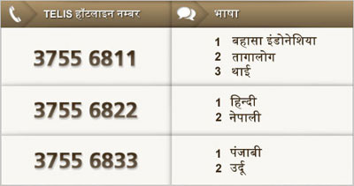 TELIS हॉटलाइन नम्बर: 3755 6811; भाषा: 1 बहासा इंडोनेशिया, 2 तागालोग, 3 थाई. TELIS हॉटलाइन नम्बर: 3755 6822; भाषा: 1 हिन्दी, 2 नेपाली. TELIS हॉटलाइन नम्बर: 3755 6833; भाषा: 1 पंजाबी, 2 उर्दू.