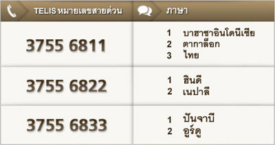 TELIS หมายเลขสายด่วน: 3755 6811; ภาษา: 1 ภาษาอินโดนีเซีย, 2 ตากาล็อก, 3 ไทย. TELIS หมายเลขสายด่วน: 3755 6822; ภาษา: 1 ฮินดี, 2 เนปาลี. TELIS หมายเลขสายด่วน: 3755 6833; ภาษา: 1 ปันจาบี, 2 อูร์ดู.