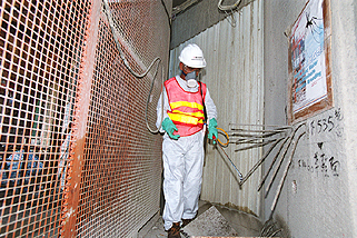 Photo: A Housing Department worker sprays larvicide to prevent mosquito breeding.