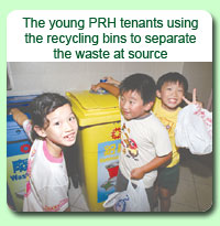 Photo: The young PRH tenants using the recycling bins to separate the waste at source