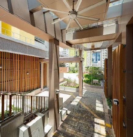 Design with skylight combined with high volume low-speed fan at external area based on micro-climate studies to enhance the human comfort